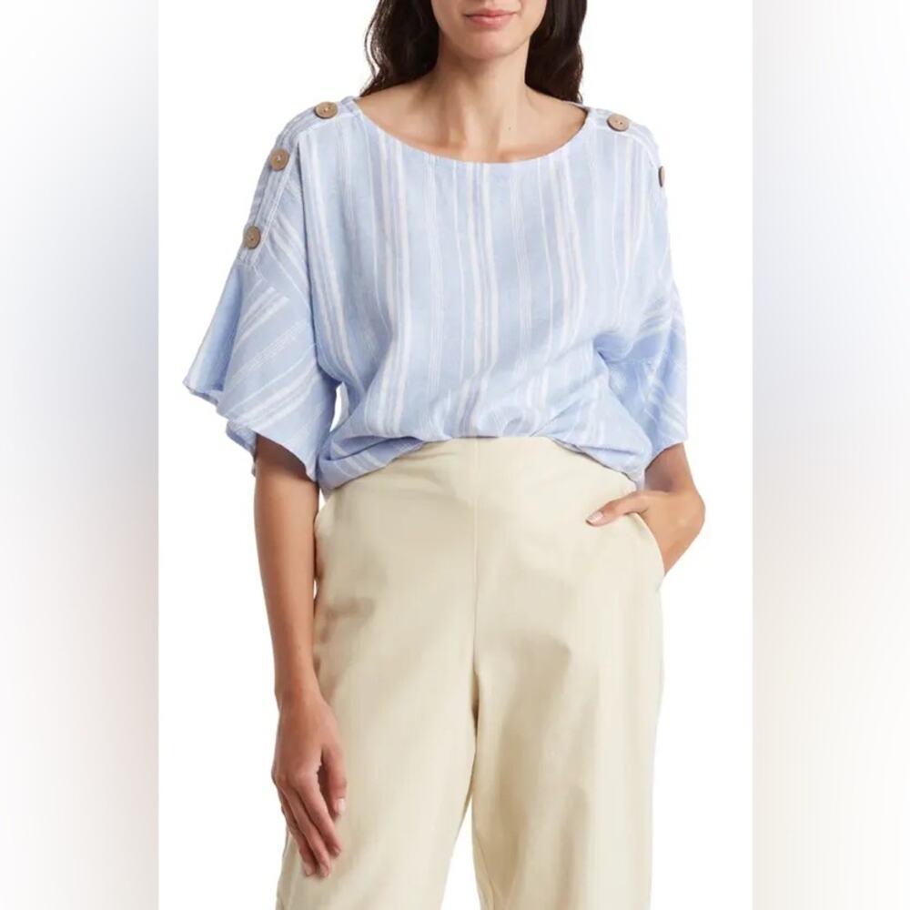 Ellen Tracy blue and white vertical stripe linen blend flounce sleeve blouse Med